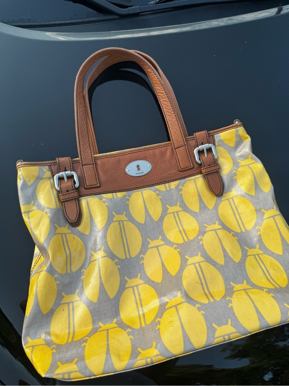 Fossil Yellow Beetle-Print Canvas Tote with Brown Leather Trim